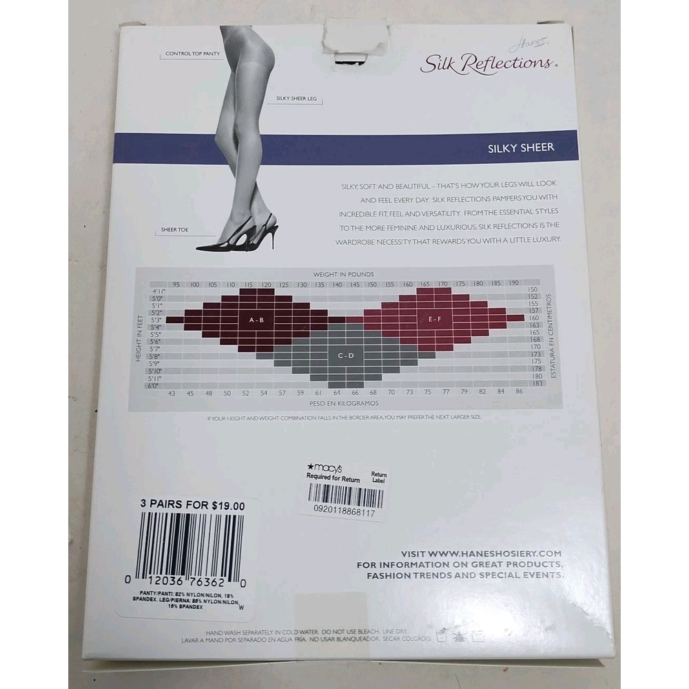 3 Hanes Silk Reflections Sheer Pantyhose Control Top 0D042 Size EF Barely Black - Picture 5 of 8